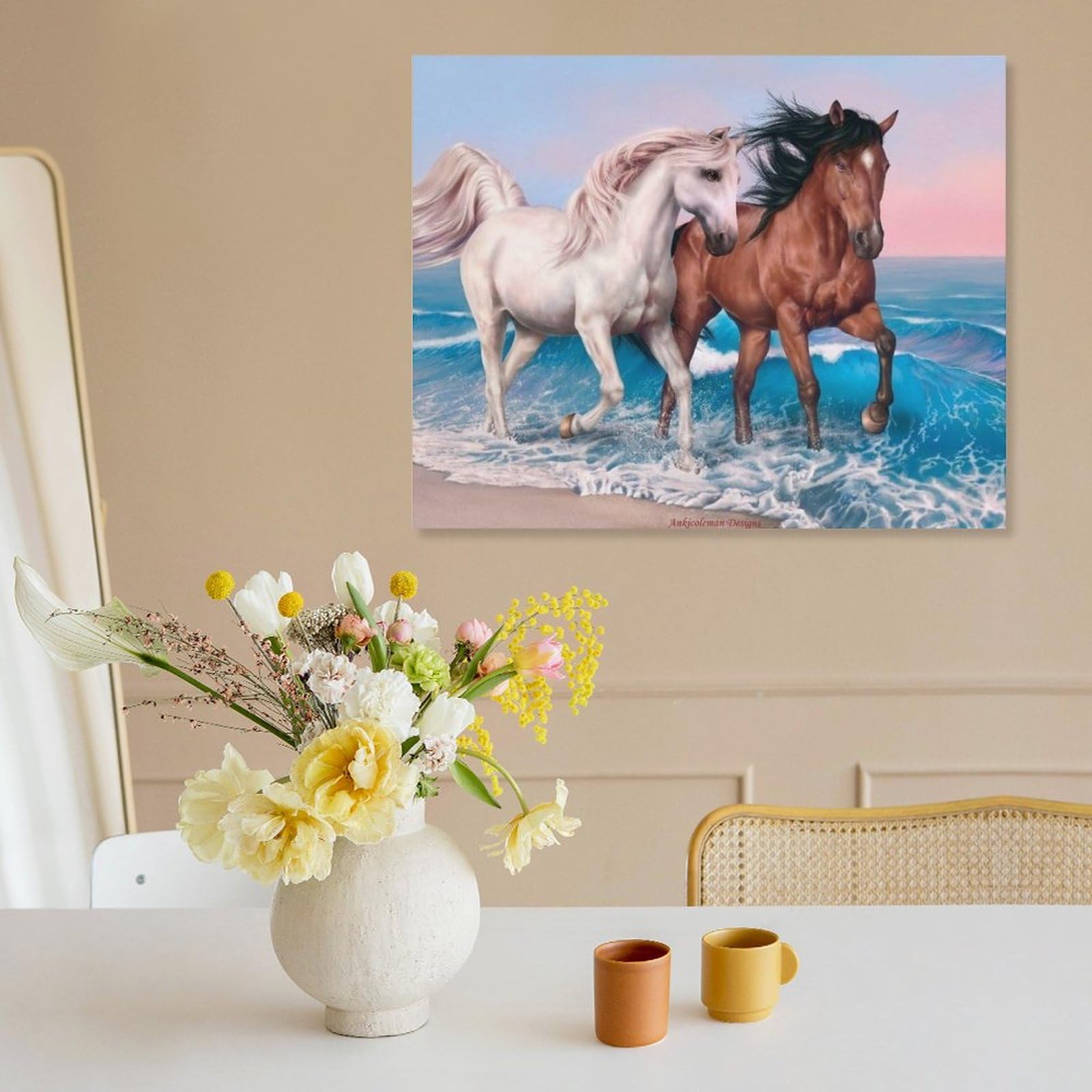 Amazon.co.jp: 絵画 夕暮れ時に2頭の馬が浜辺を走るインテリア 絵画